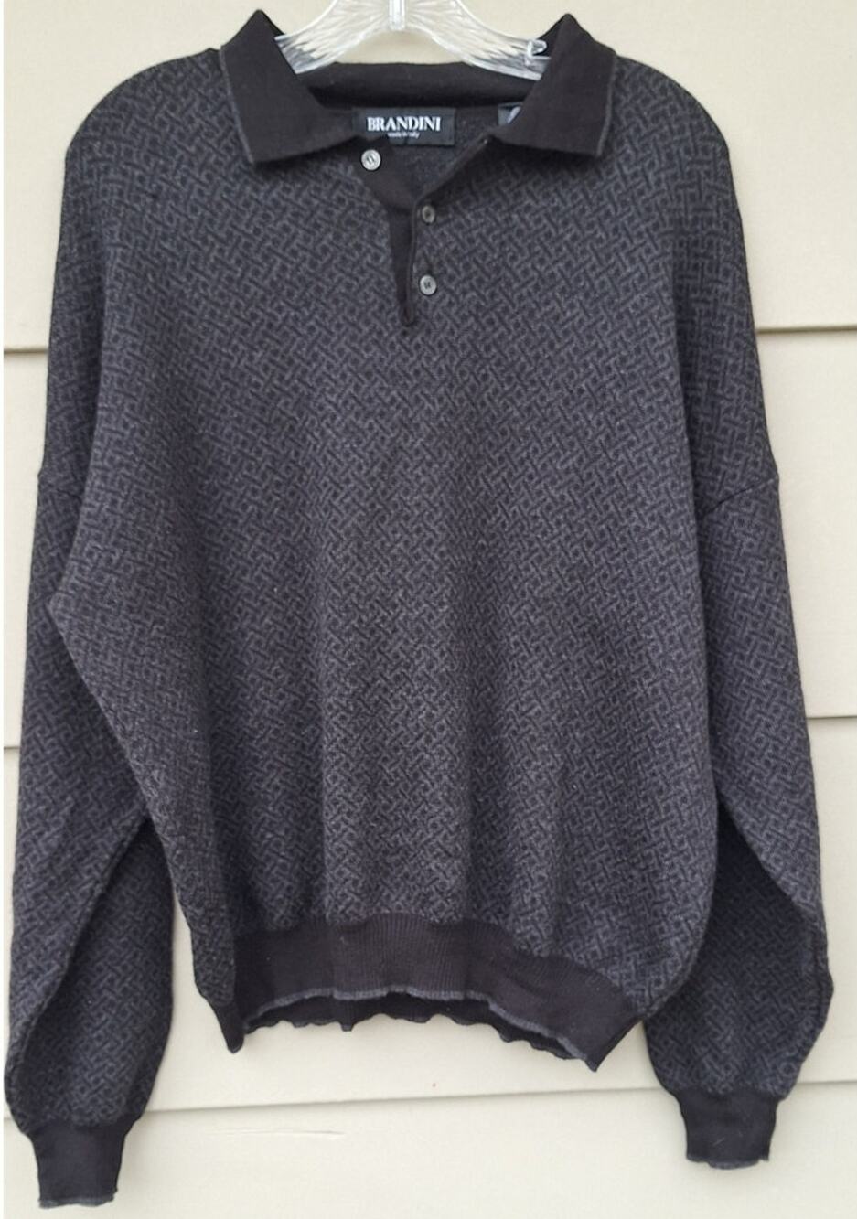 Vtg. BRANDINI Men's Fine Merino Wool Polo Dad Sweater Black Gray Sz L made Italy